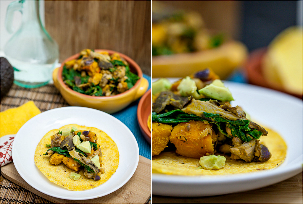 Chanterelle, White Bean & Cheesy Roasted Kabocha Tacos