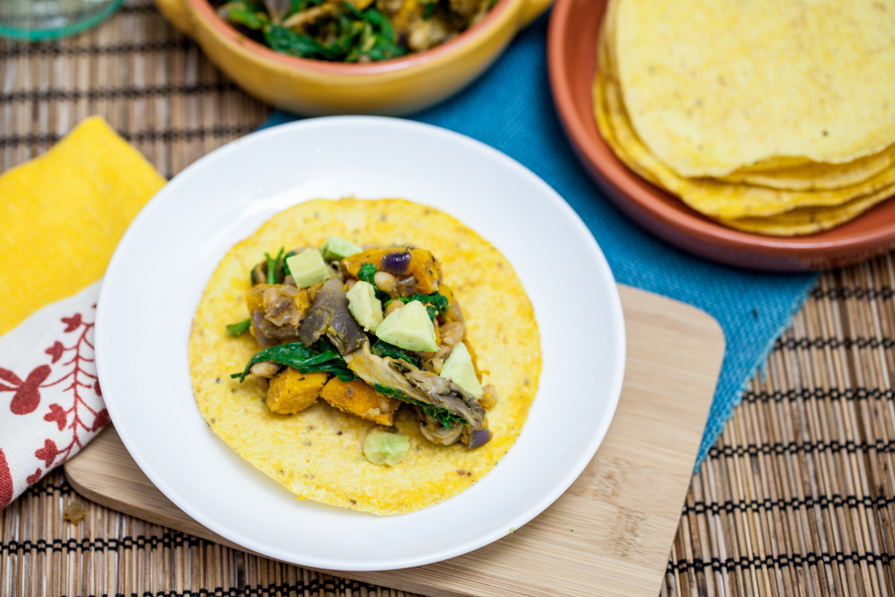 Chanterelle, White Bean & Cheesy Roasted Kabocha Tacos