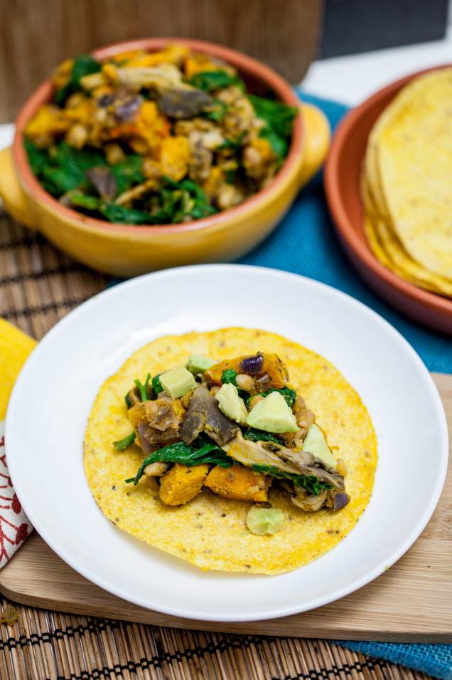 Chanterelle, White Bean & Cheesy Roasted Kabocha Tacos