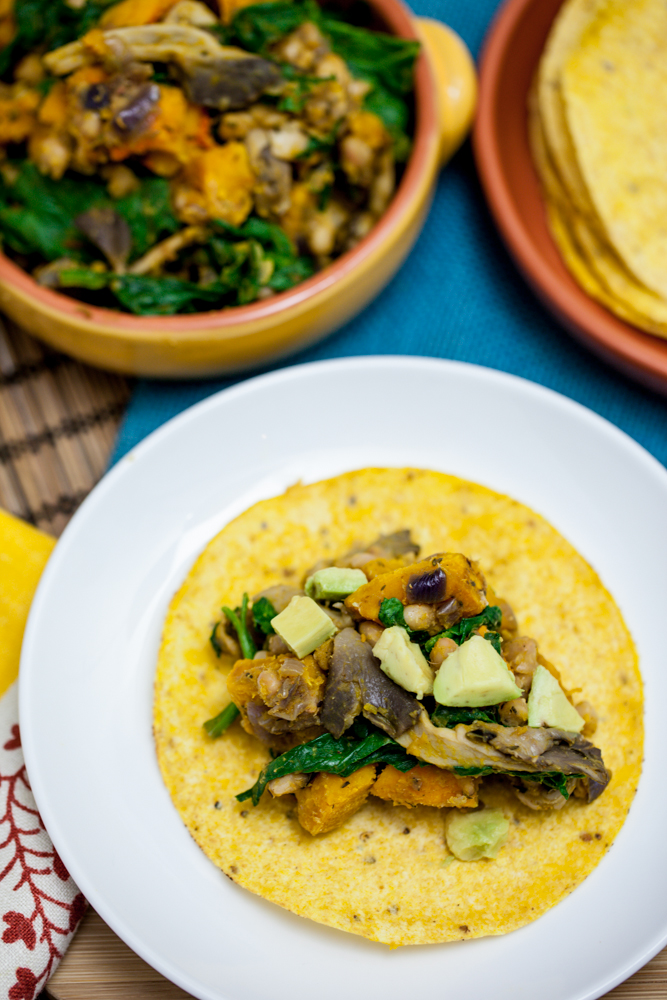 Chanterelle, White Bean & Cheesy Roasted Kabocha Tacos