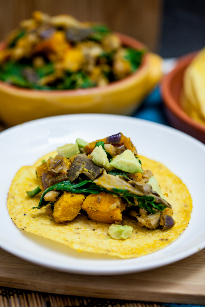 Chanterelle, White Bean & Cheesy Roasted Kabocha Tacos