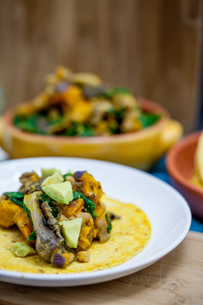 Chanterelle, White Bean & Cheesy Roasted Kabocha Tacos