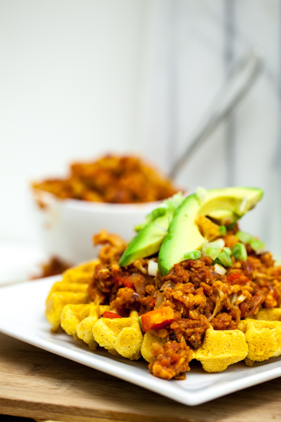 Cheesy Cornbread Waffles with Cauliflower Lentil Sloppy Joes