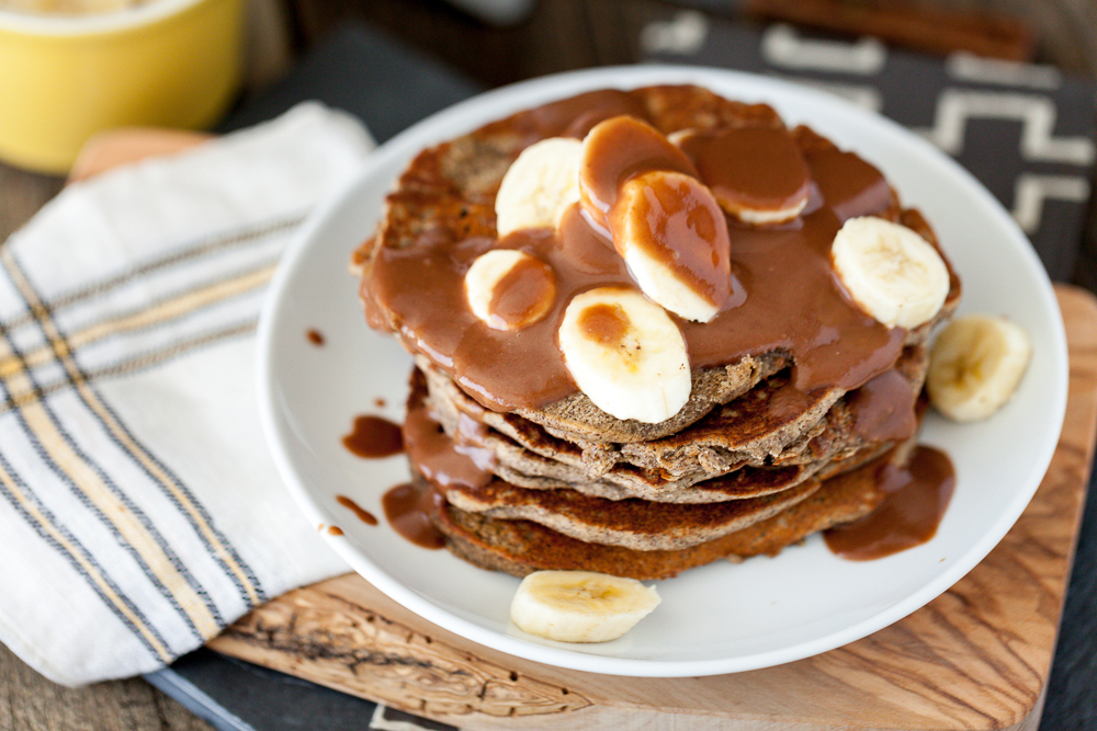 Peanut Butter Banana Pancakes with Salted Chocolate Caramel Syrup