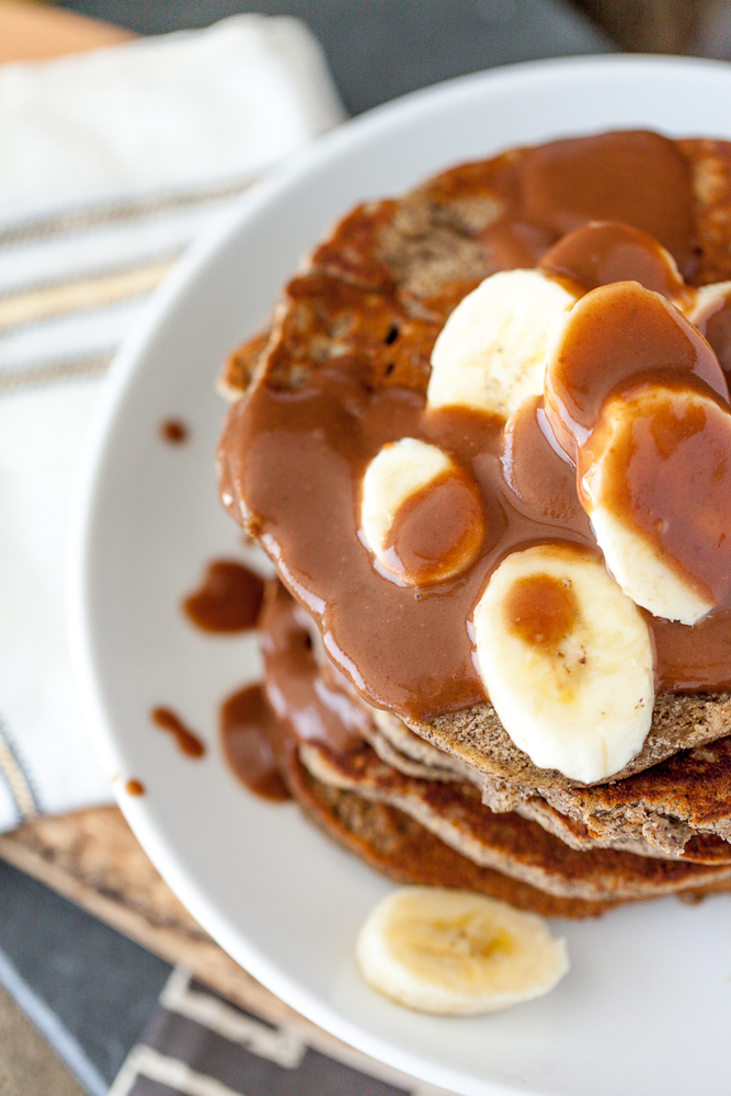 Peanut Butter Banana Pancakes with Salted Chocolate Caramel Syrup