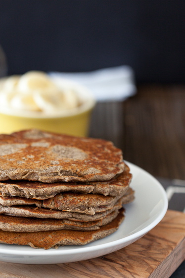 Peanut Butter Banana Pancakes with Salted Chocolate Caramel Syrup