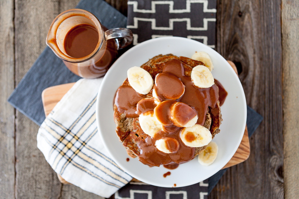 Peanut Butter Banana Pancakes with Salted Chocolate Caramel Syrup