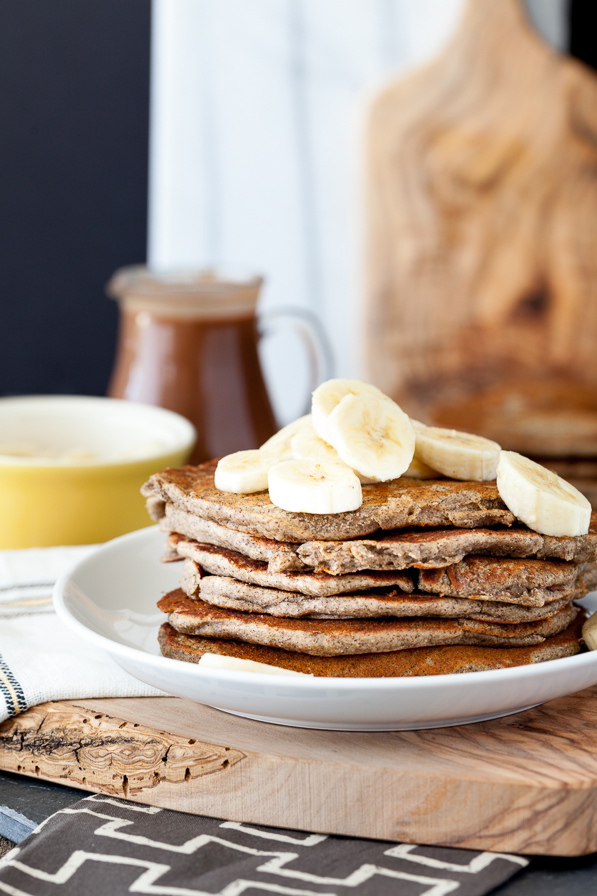 Peanut Butter Banana Pancakes with Salted Chocolate Caramel Syrup