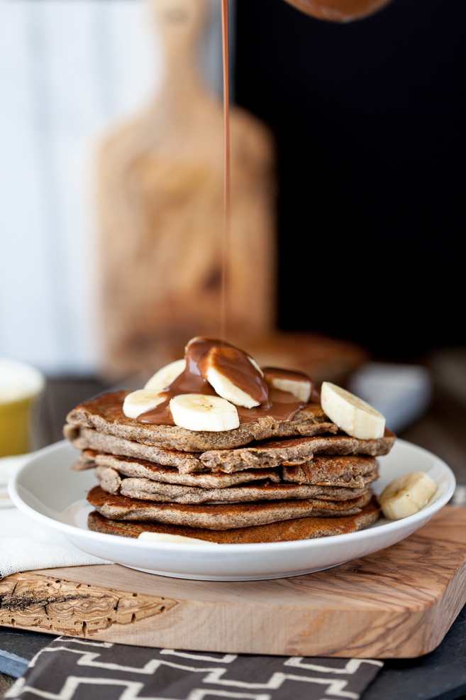 Peanut Butter Banana Pancakes with Salted Chocolate Caramel Syrup