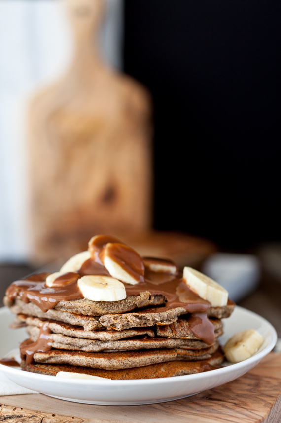 Peanut Butter Banana Pancakes with Salted Chocolate Caramel Syrup