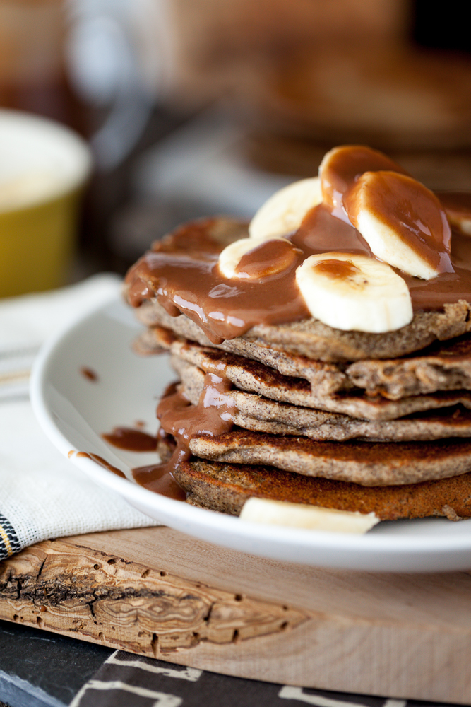 Peanut Butter Banana Pancakes with Salted Chocolate Caramel Syrup