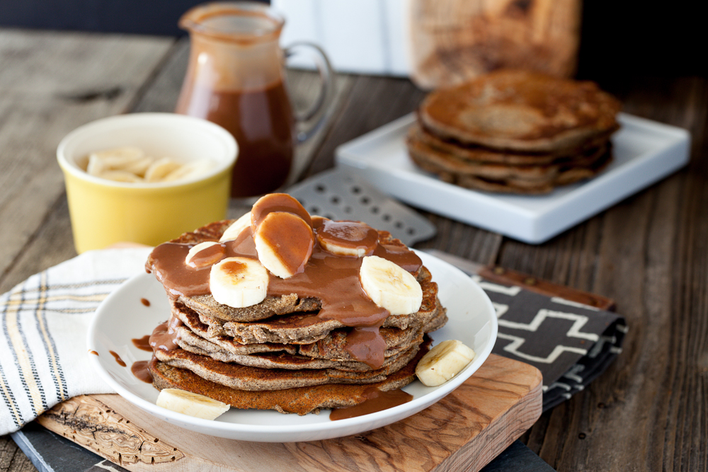 Peanut Butter Banana Pancakes with Salted Chocolate Caramel Syrup