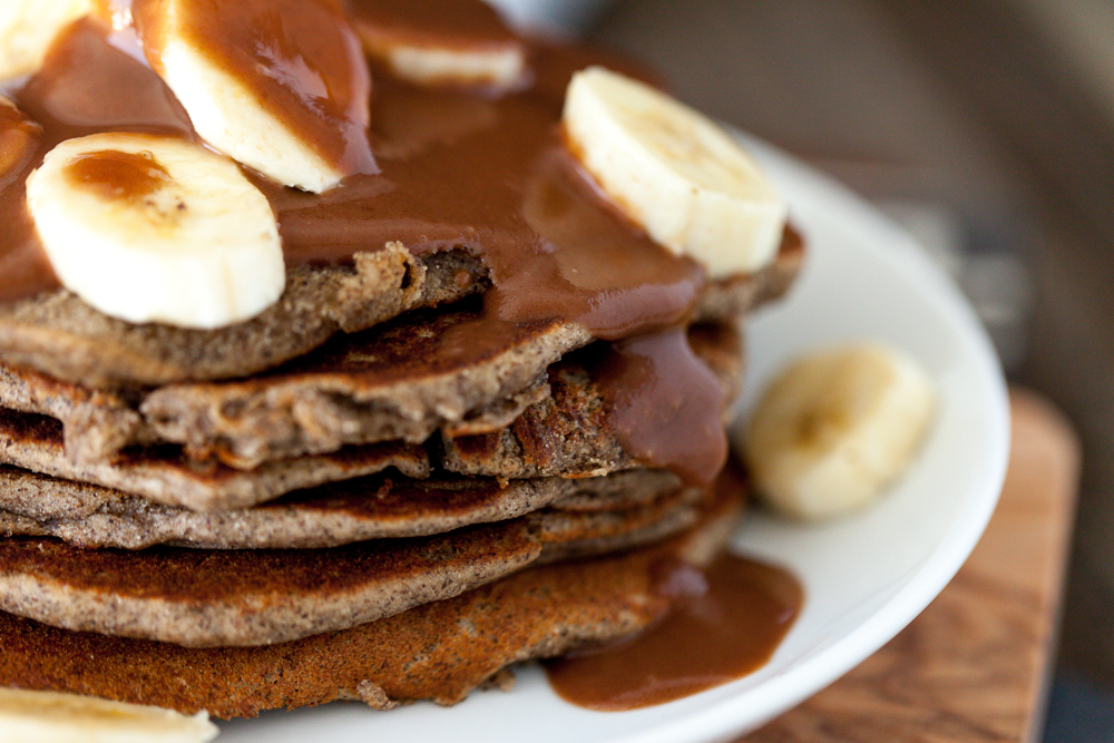 Peanut Butter Banana Pancakes with Salted Chocolate Caramel Syrup