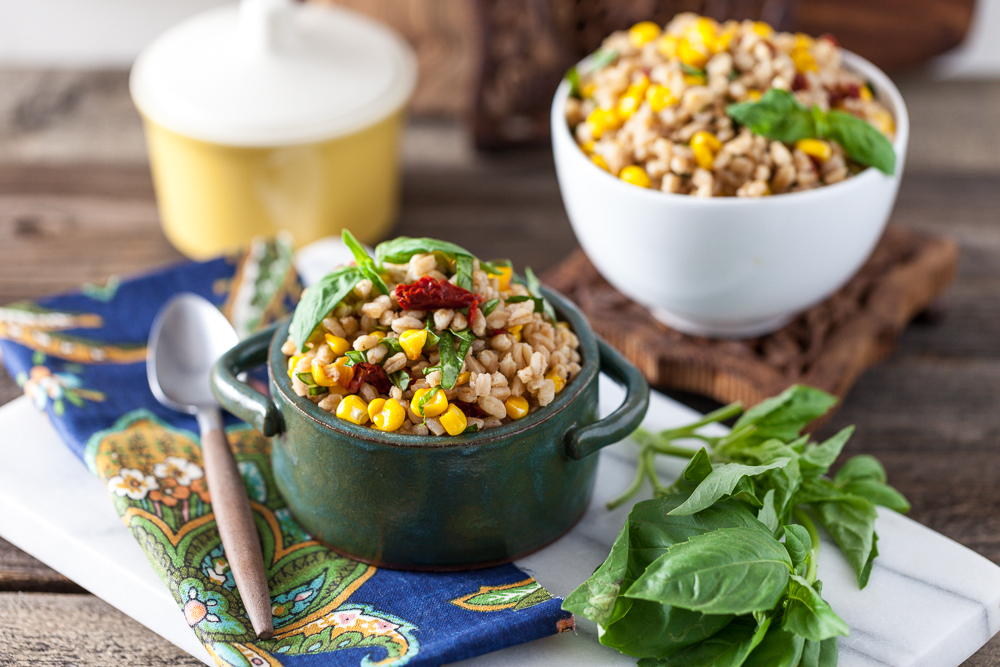 Roasted Corn and Basil Farro Salad