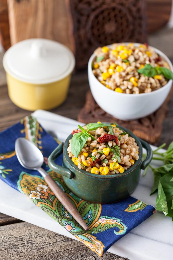 Roasted Corn and Basil Farro Salad