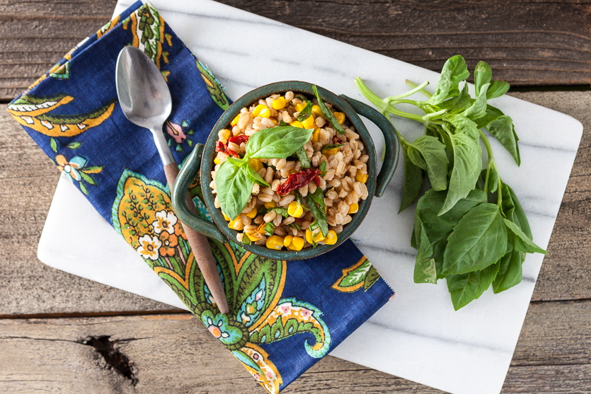 Roasted Corn and Basil Farro Salad