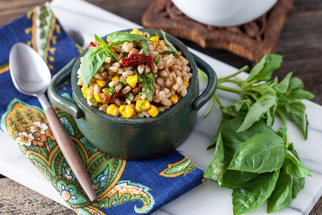 Roasted Corn and Basil Farro Salad