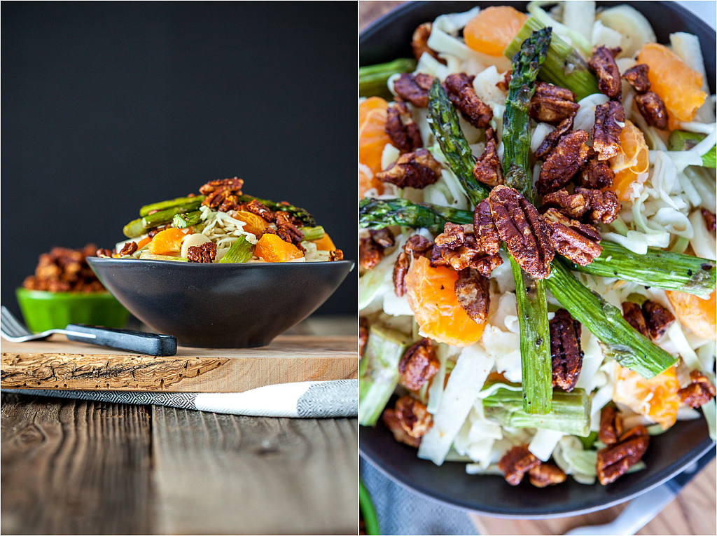 Heart of Palm, Jicama & Asparagus Cabbage Salad with Maple Sriracha Pecans