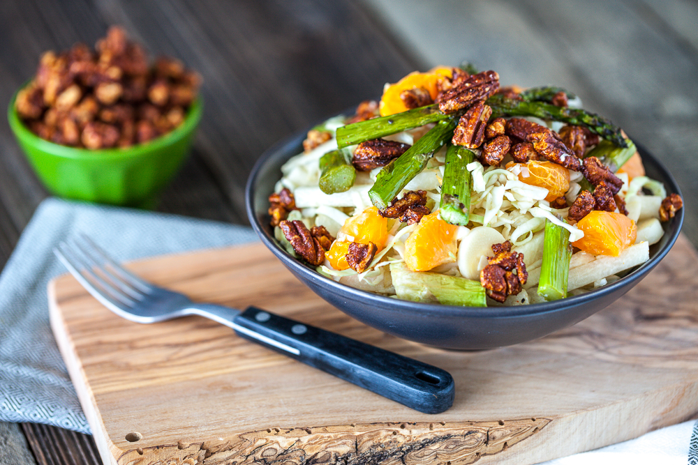 Heart of Palm, Jicama & Asparagus Cabbage Salad with Maple Sriracha Pecans