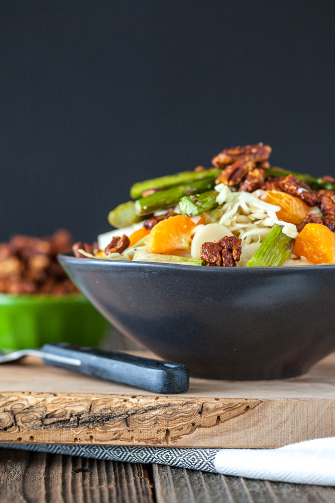 Heart of Palm, Jicama & Asparagus Cabbage Salad with Maple Sriracha Pecans