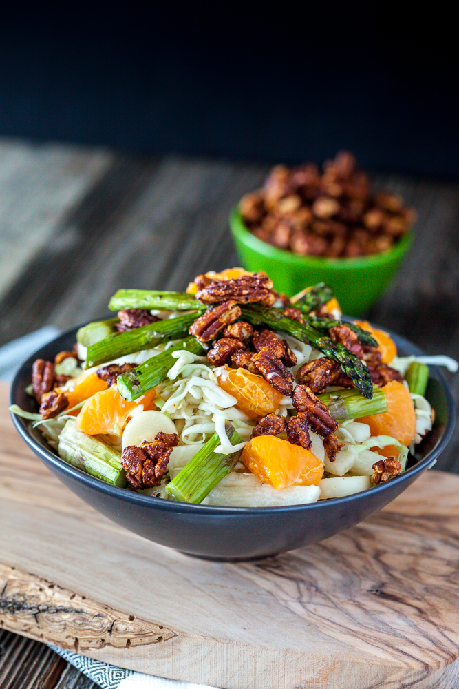 Heart of Palm, Jicama & Asparagus Cabbage Salad with Maple Sriracha Pecans