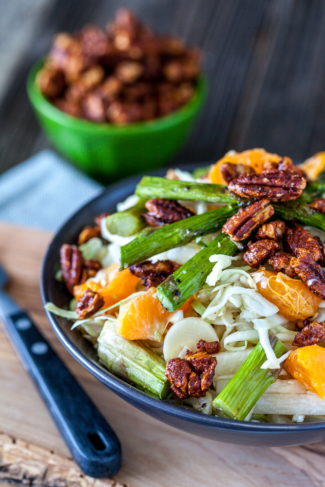 Heart of Palm, Jicama & Asparagus Cabbage Salad with Maple Sriracha Pecans