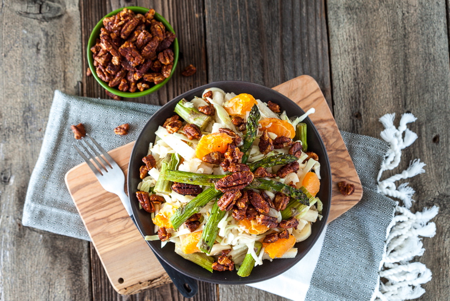 Heart of Palm, Jicama & Asparagus Cabbage Salad with Maple Sriracha Pecans