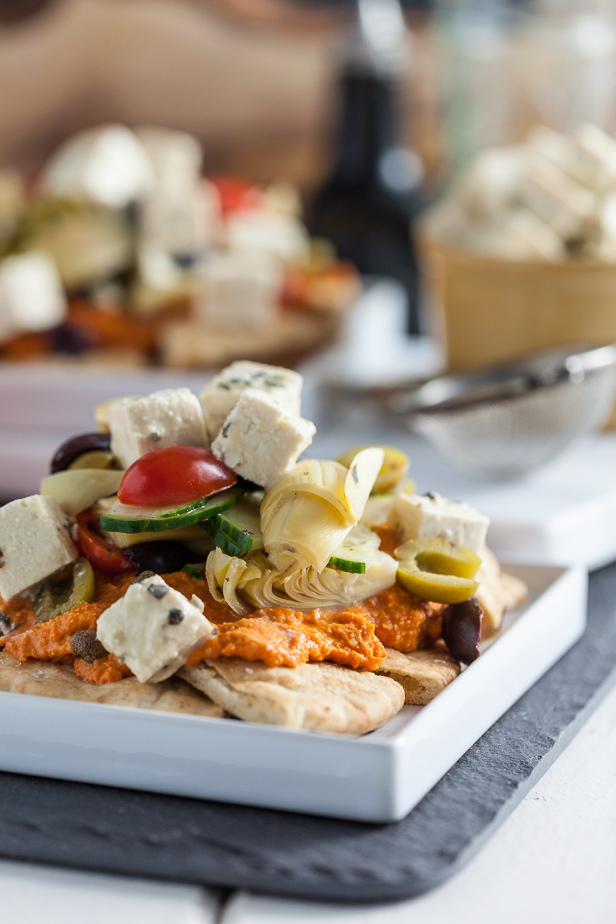 Mediterranean Nachos with Roasted Red Bell Pepper Hummus & Tofu Feta