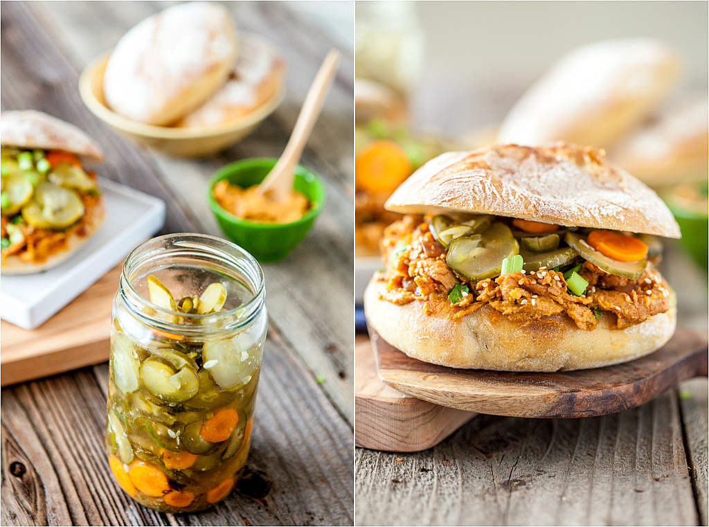 Sesame Sriracha Soy Curl Sandwich with Spicy Pickled Cucumber Salad