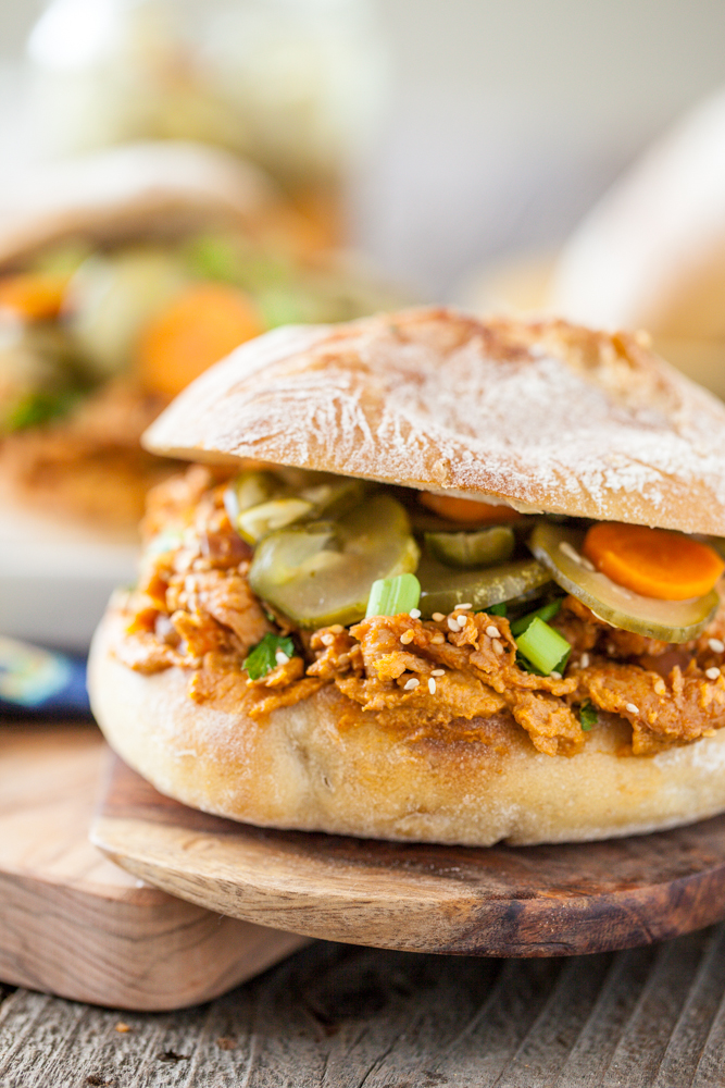 Sesame Sriracha Soy Curl Sandwich with Spicy Pickled Cucumber Salad