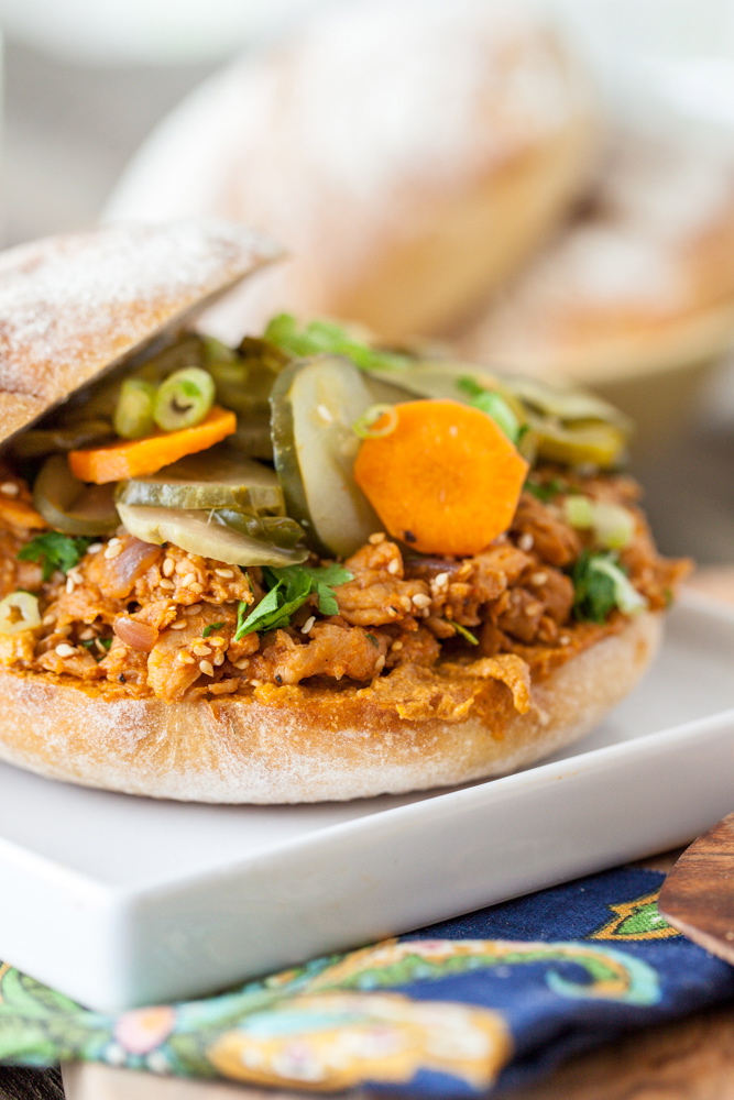 Sesame Sriracha Soy Curl Sandwich with Spicy Pickled Cucumber Salad