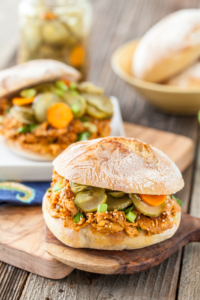 Sesame Sriracha Soy Curl Sandwich with Spicy Pickled Cucumber Salad