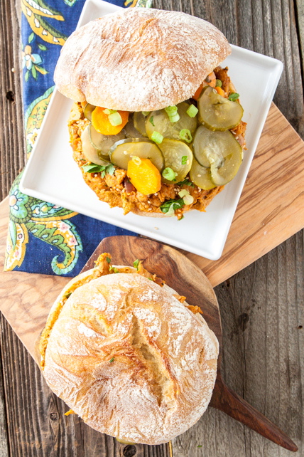 Sesame Sriracha Soy Curl Sandwich with Spicy Pickled Cucumber Salad