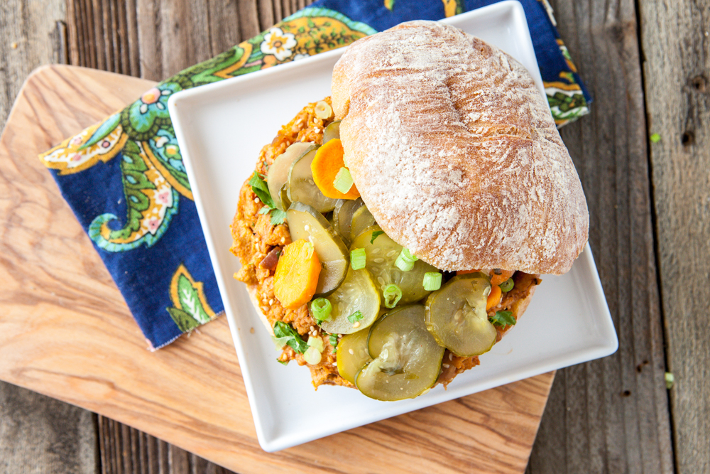 Sesame Sriracha Soy Curl Sandwich with Spicy Pickled Cucumber Salad