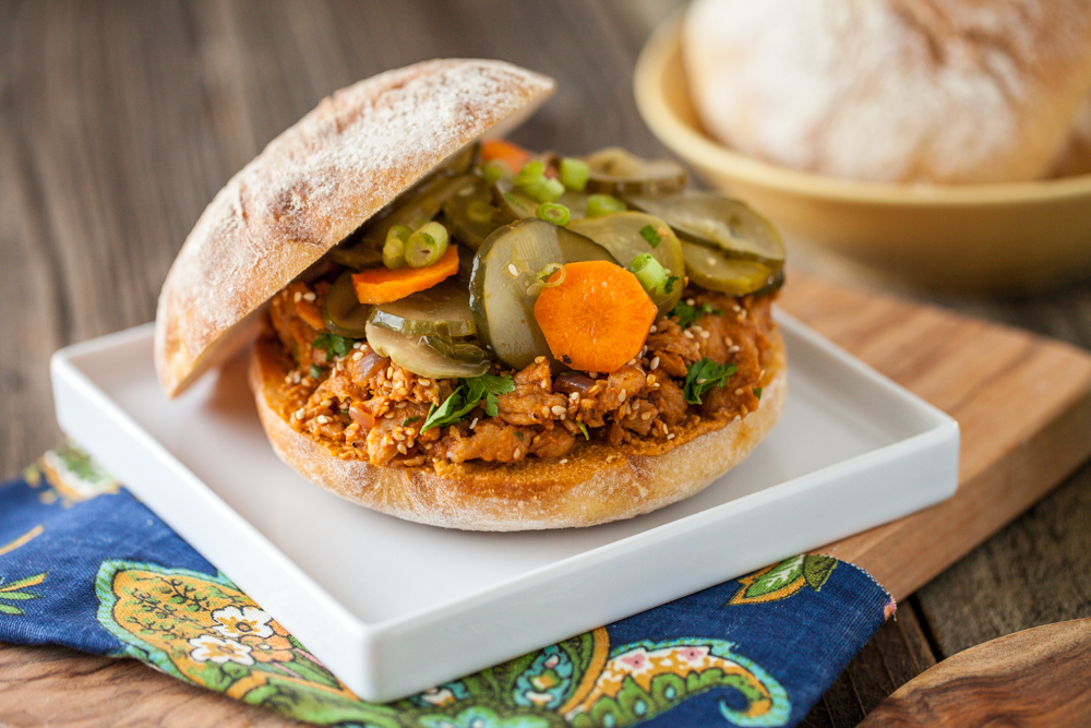 Sesame Sriracha Soy Curl Sandwich with Spicy Pickled Cucumber Salad