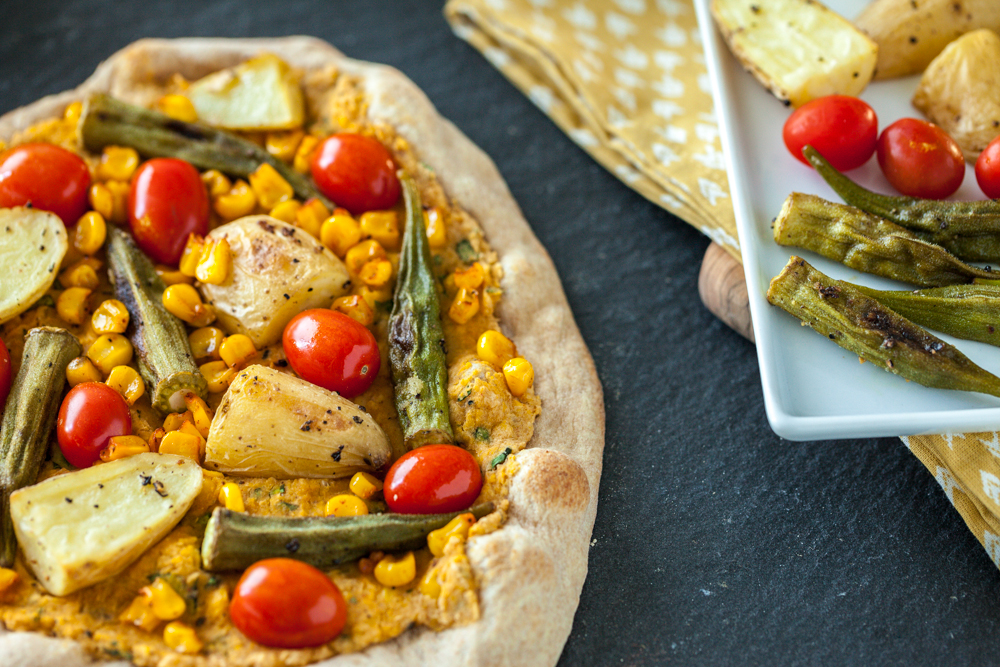 Smoky Sweet Corn Pizza with Roasted Okra & Potato