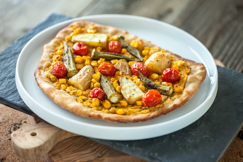 Smoky Sweet Corn Pizza with Roasted Okra & Potato