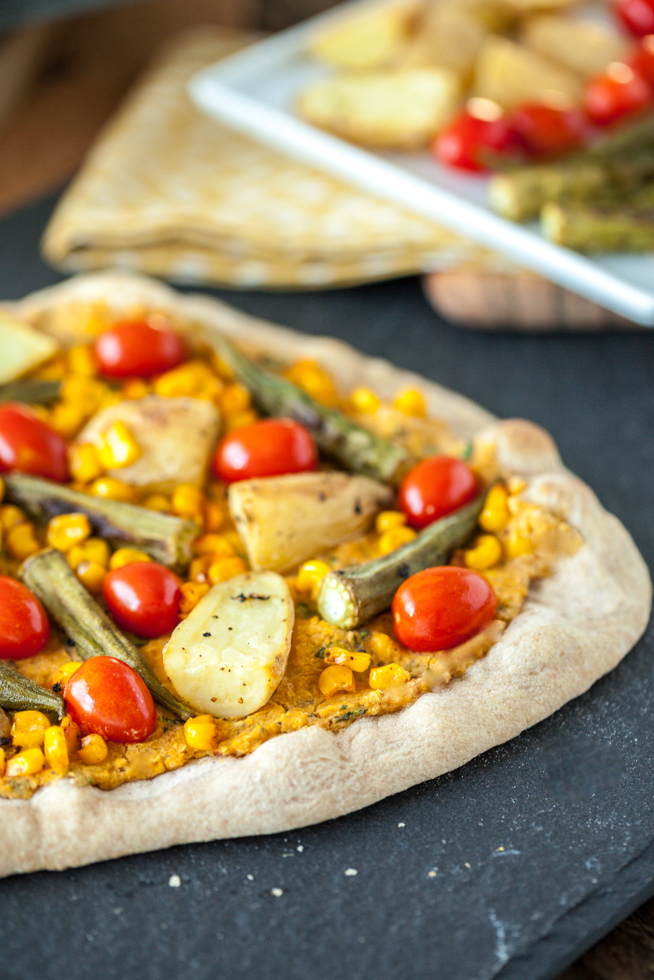 Smoky Sweet Corn Pizza with Roasted Okra & Potato