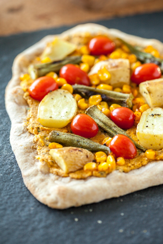 Smoky Sweet Corn Pizza with Roasted Okra & Potato