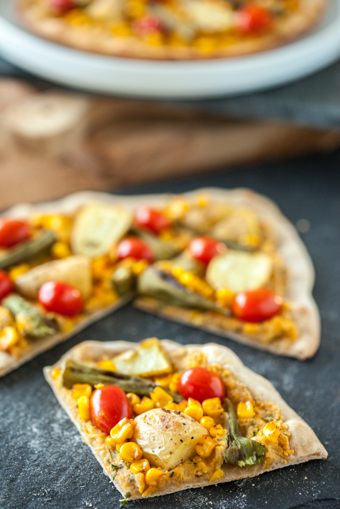 Smoky Sweet Corn Pizza with Roasted Okra & Potato