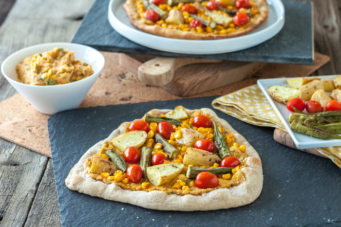 Smoky Sweet Corn Pizza with Roasted Okra & Potato