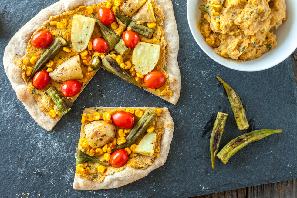 Smoky Sweet Corn Pizza with Roasted Okra & Potato