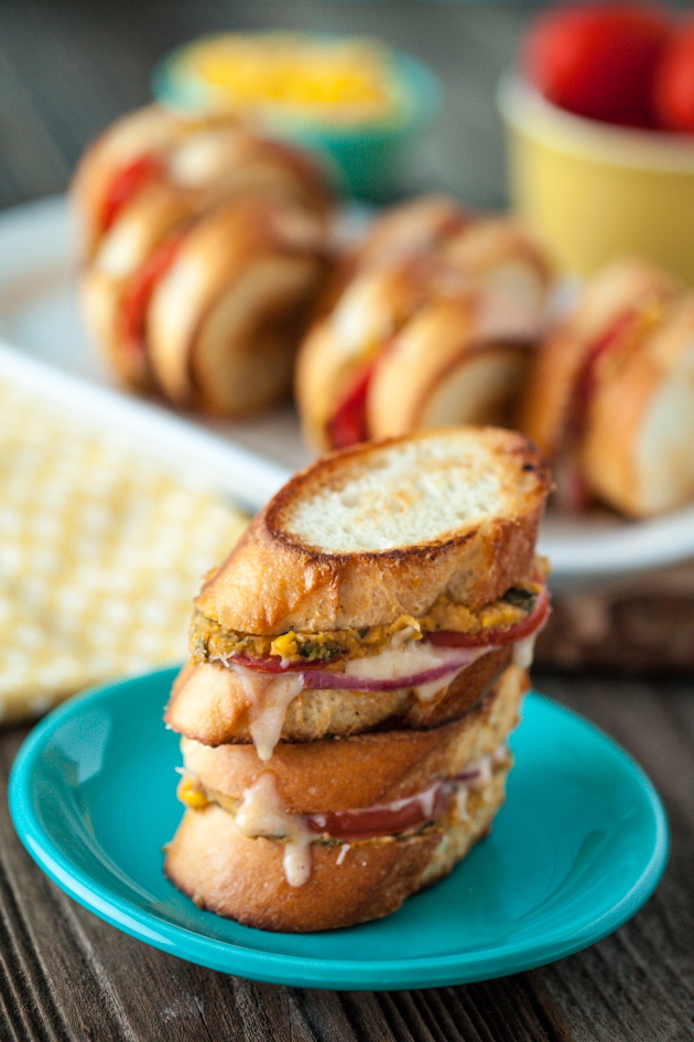 Mini Roasted Corn & White Bean Grilled Cheese Sandwiches with Ancho Chili Cheese Spread