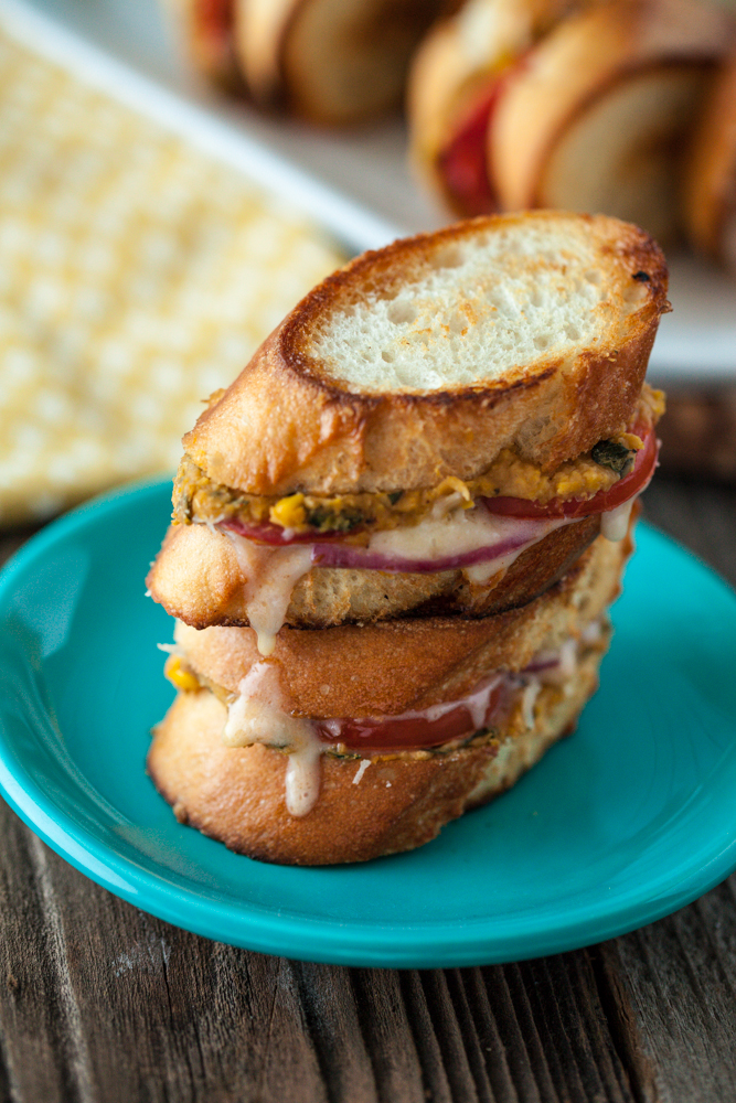 Mini Roasted Corn & White Bean Grilled Cheese Sandwiches with Ancho Chili Cheese Spread