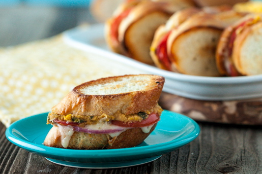 Mini Roasted Corn & White Bean Grilled Cheese Sandwiches with Ancho Chili Cheese Spread