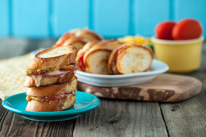 Mini Roasted Corn & White Bean Grilled Cheese Sandwiches with Ancho Chili Cheese Spread