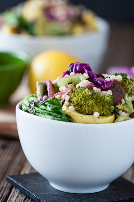 Warm Bok Choy & Roasted Veggie Couscous Salad with Lemon Caper Dressing