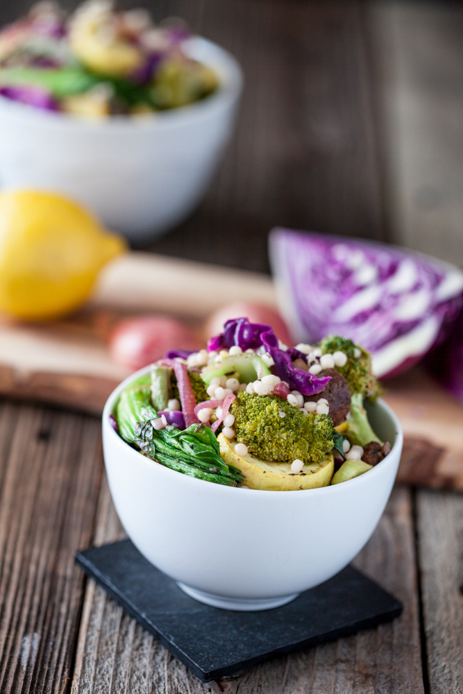 Warm Bok Choy & Roasted Veggie Couscous Salad with Lemon Caper Dressing