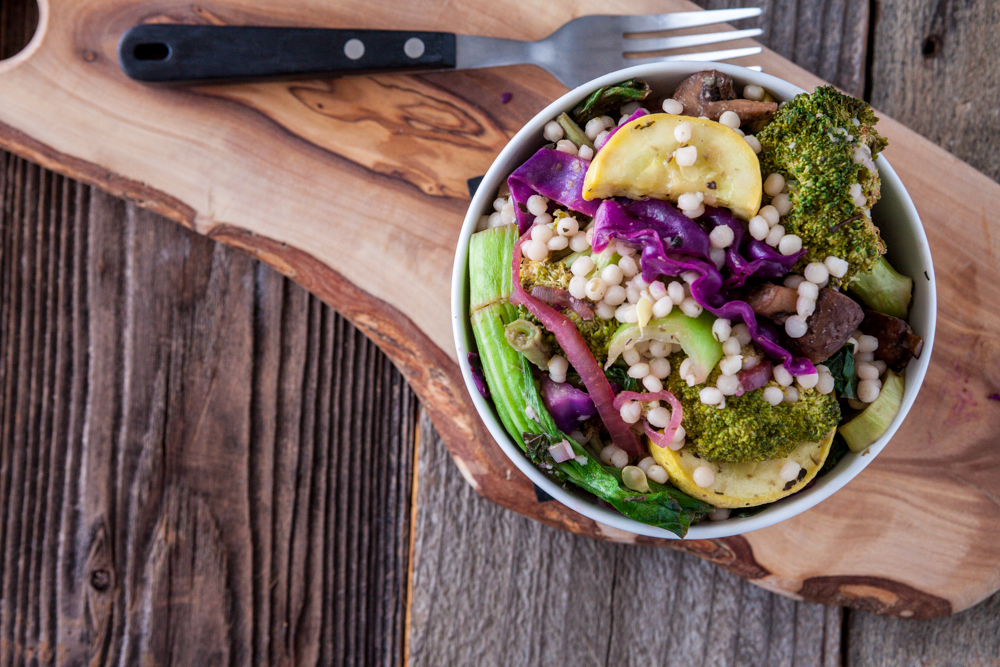 Warm Bok Choy & Roasted Veggie Couscous Salad with Lemon Caper Dressing