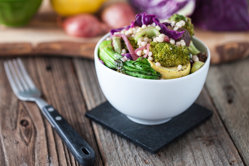 Warm Bok Choy & Roasted Veggie Couscous Salad with Lemon Caper Dressing